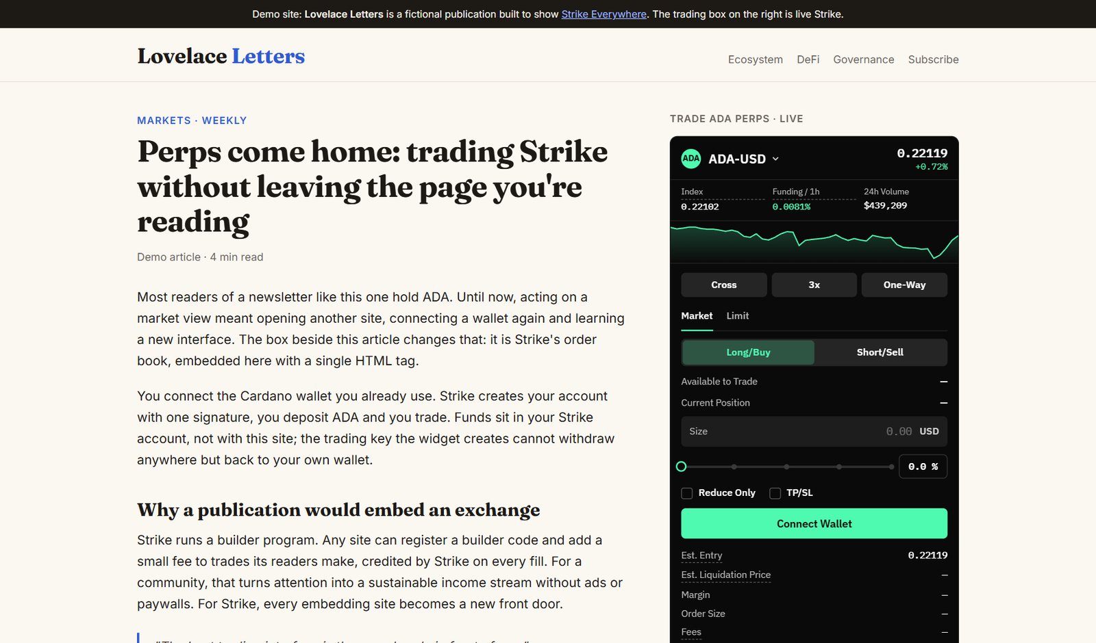 Community newsletter with an embedded trade ticket