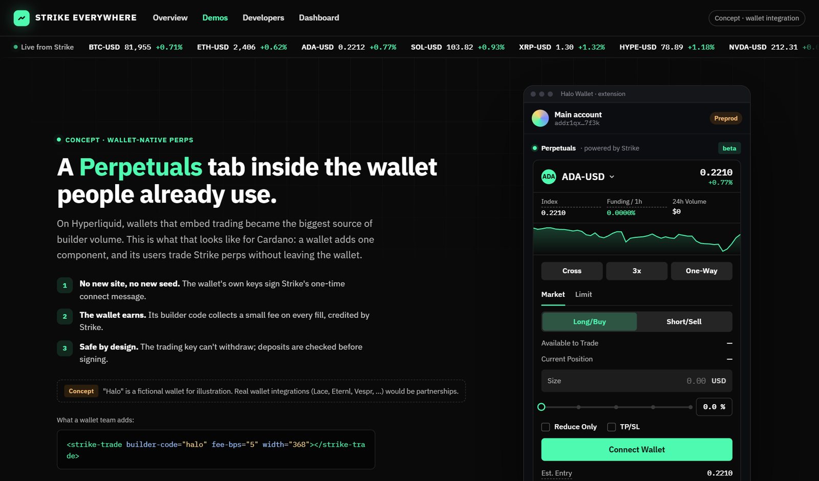Concept wallet with a Perpetuals tab